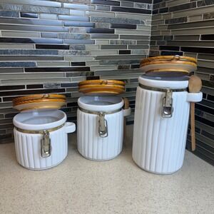 VTG White Ribbed Ceramic Canister Set 3pc w/ Wooden Lids & Spoons Cottagecore